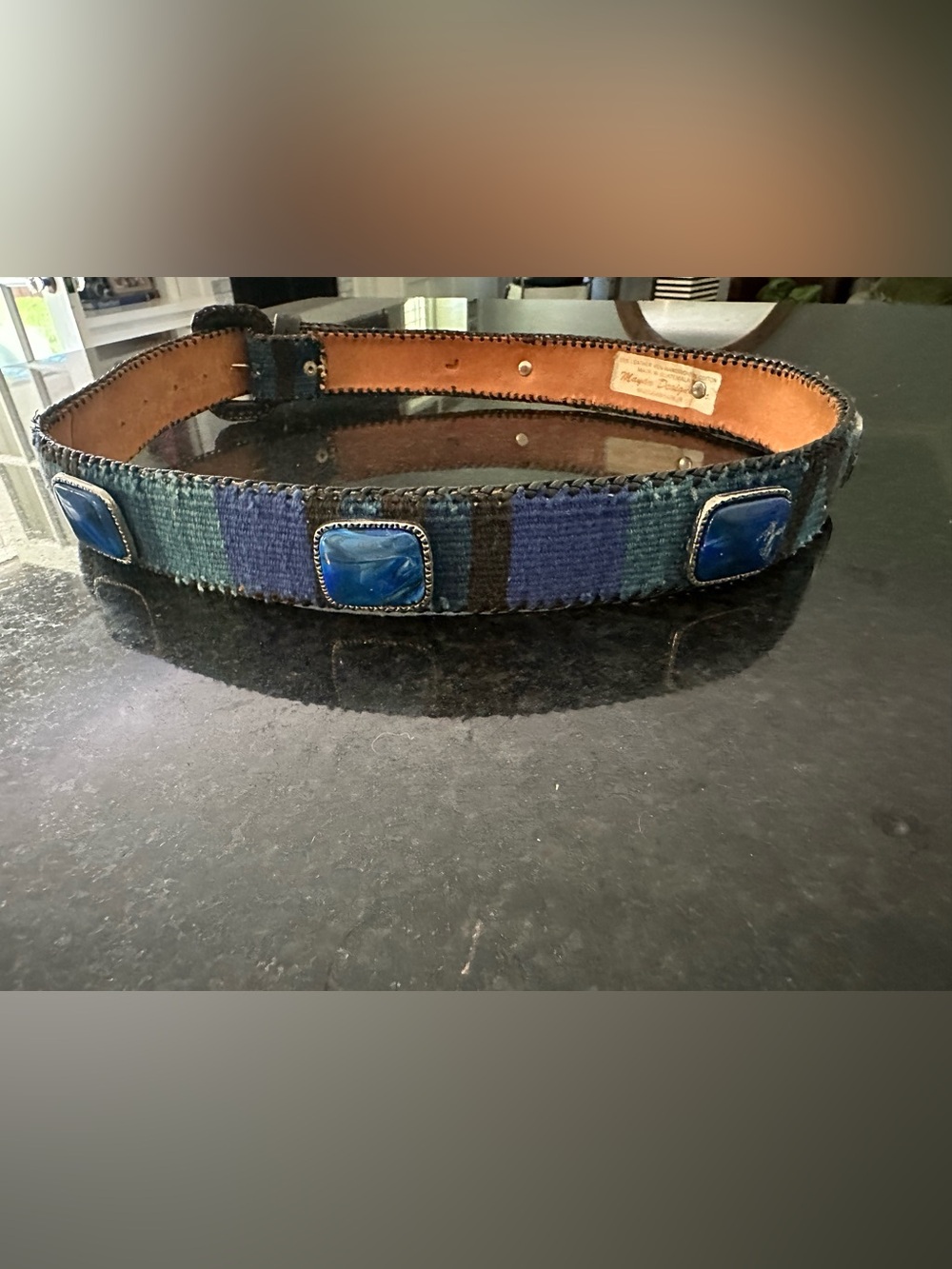 Blue & Black Vintage Mayan Designs Guatemalan Woven Belt w/ Large Stone Accents